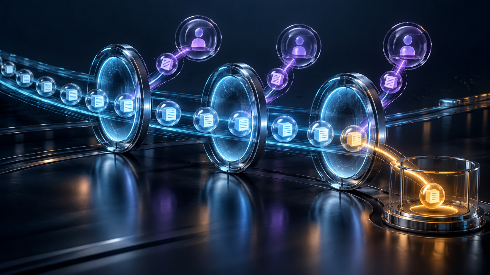 Solicitações empresariais luminosas atravessando três portais transparentes de aprovação, com pontos violetas de decisão humana e uma exceção âmbar desviada para uma câmara de revisão